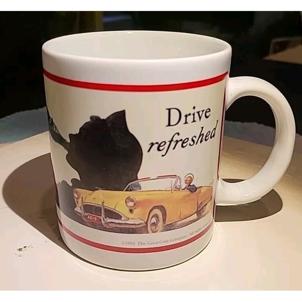 Coca-Cola Coke Brand Coffee Mug Drive Refreshed 1992 1950 Billboard Sign Vintage